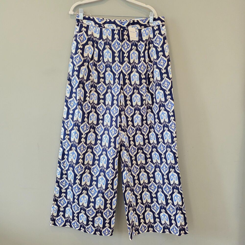 NWT J. McLaughlin Blue White Ikat Geometric Wide Leg Crop Pants Resort 12
